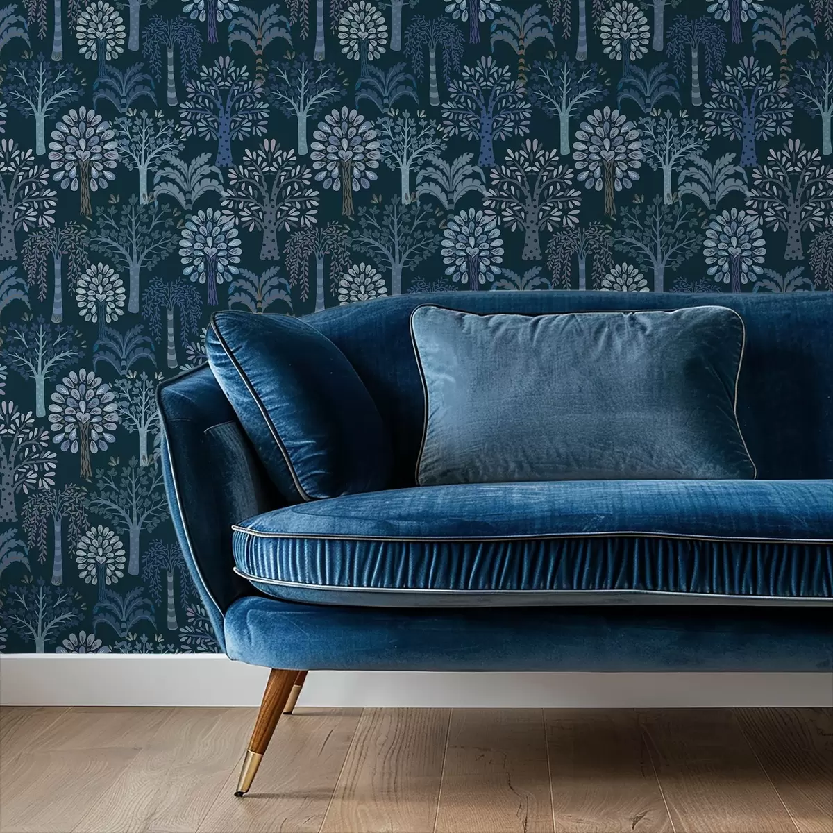 Behang Nachtelijk bos met decoratieve bomen in blauwe tinten a00960v2