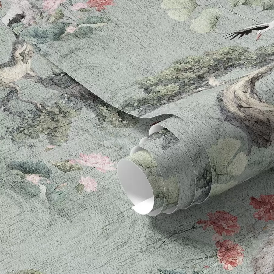 Fotobehang Kranen tussen dennen en lotussen op een rustige groene achtergrond a00962