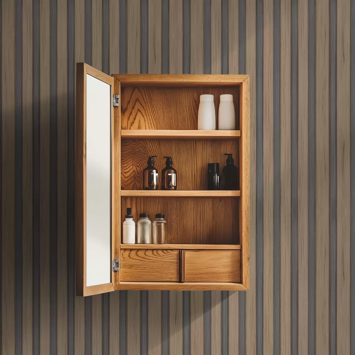 Behang Verticale houten lamellen met donkergrijze inzetstukken a00991