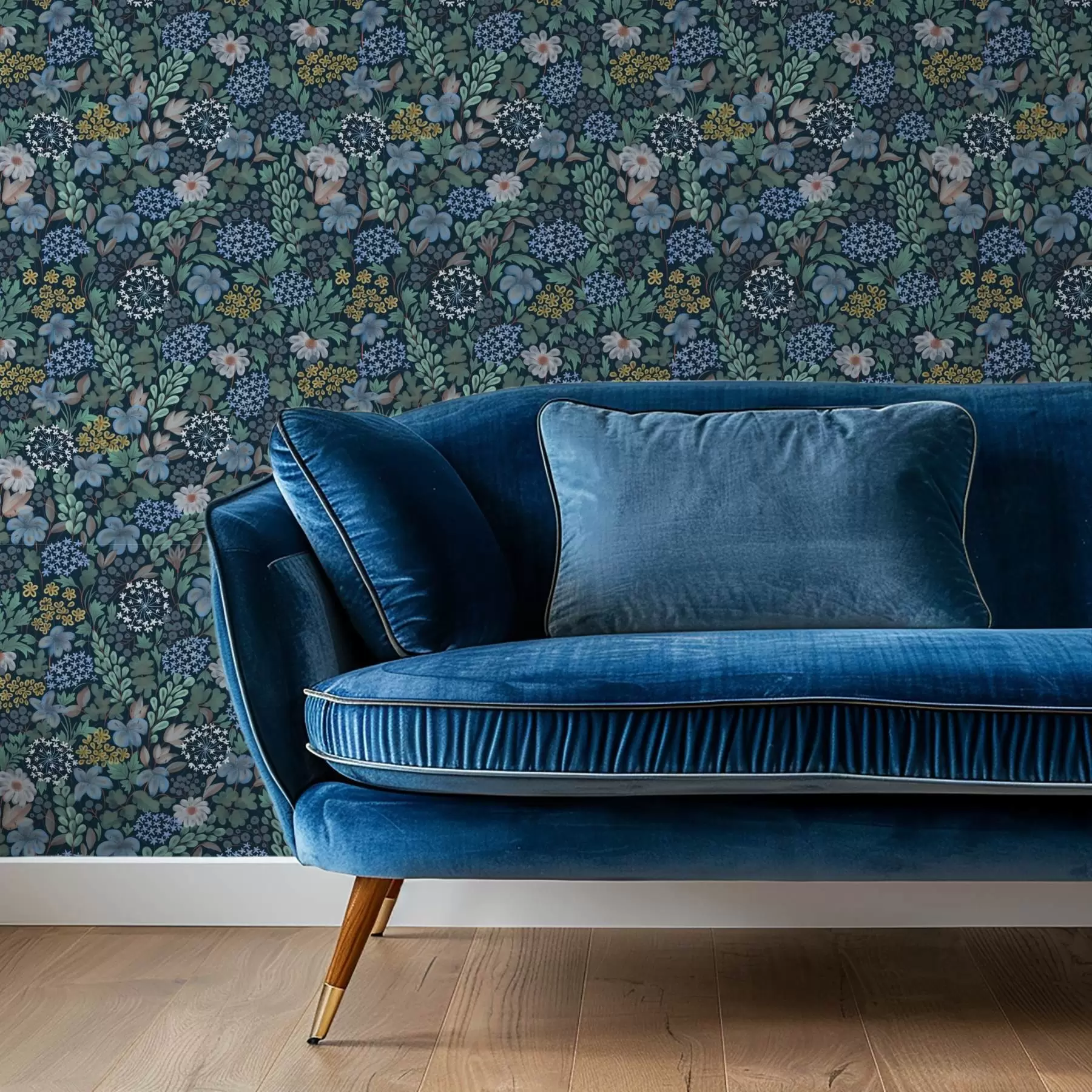 Fotobehang Nachtelijke tuin met blauwe lelies, bessen en wilde groene planten a00996