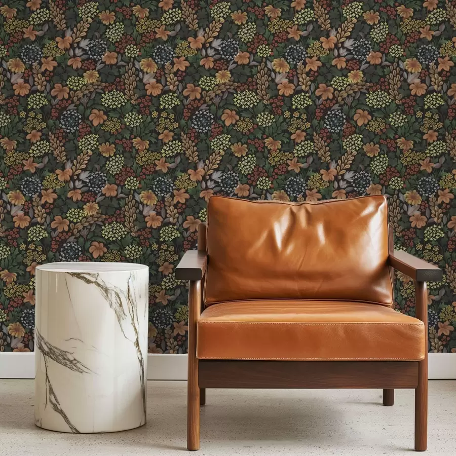 Fotobehang Warme nachtelijke tuin met gele bloemen en weelderig gebladerte a00996v1