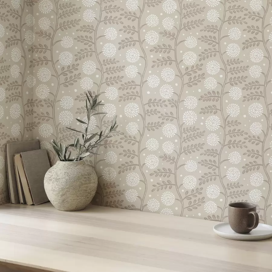 Fotobehang Beige stengels met witte pluizige bloemen en zachte stippen a00997