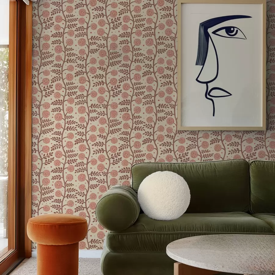 Fotobehang Terracotta stelen met koraalkleurige pluizige bloemen op een crèmekleurige achtergrond a00997v1