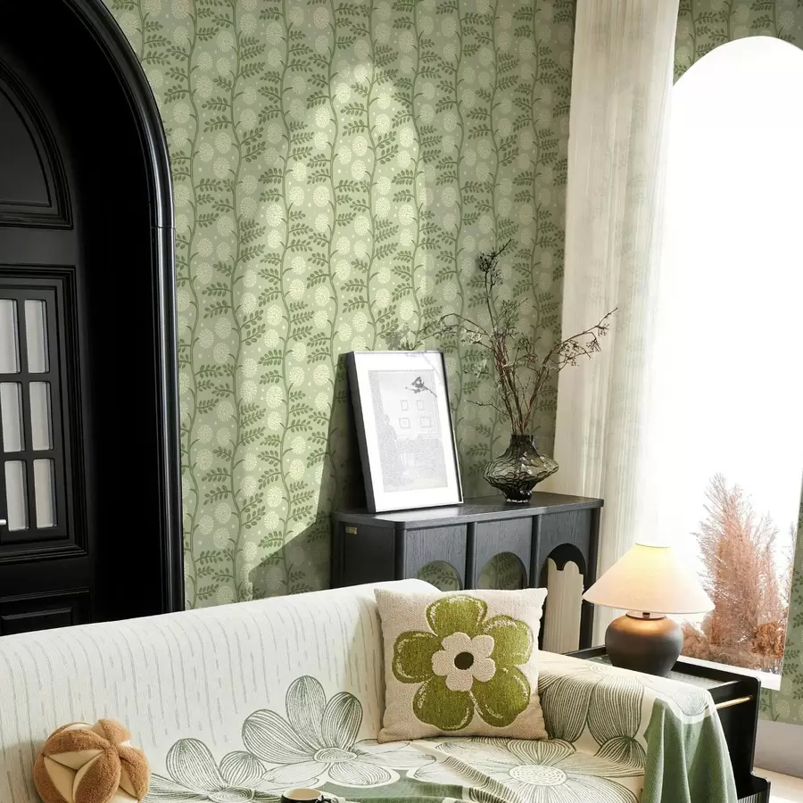 Fotobehang Saliegroene stengels met ivoorkleurige pluizige bloemen en stippen a00997v2