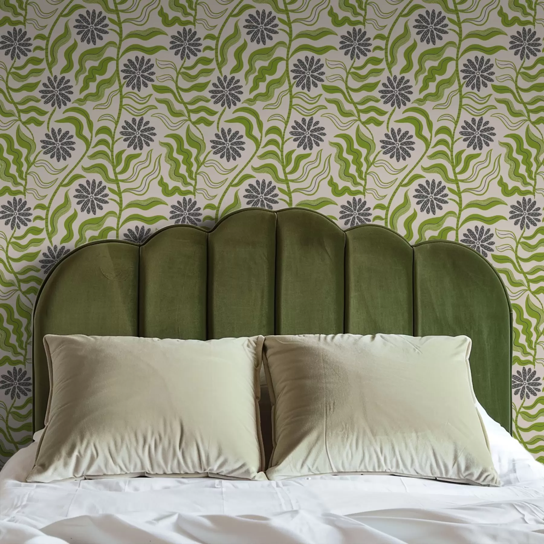 Fotobehang Speelse groene madeliefjes met golvende bladeren op een crèmekleurige achtergrond a00998