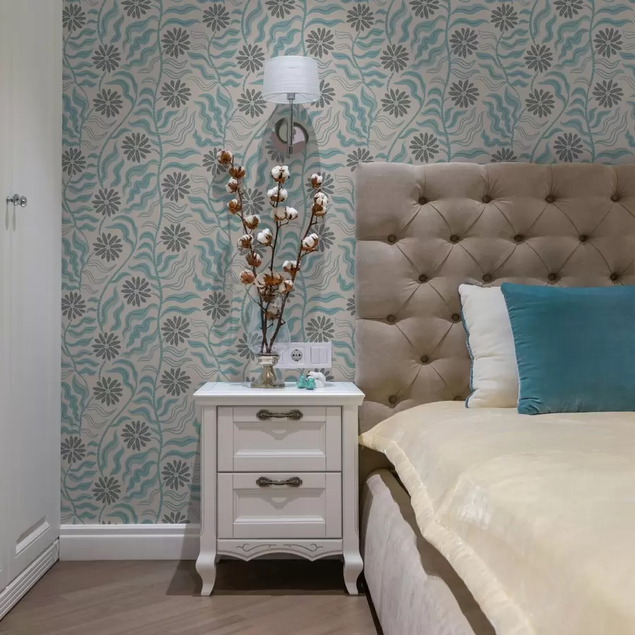 Fotobehang Abstracte bloemen en golvende bladeren in zachte blauwtinten a00998v1