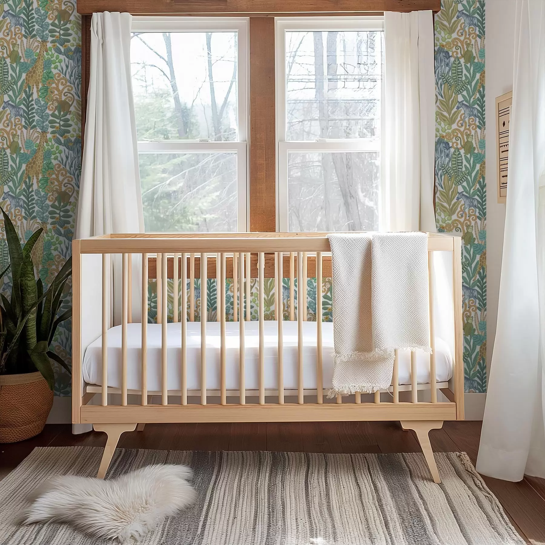 Fotobehang Vrolijke savannedieren tussen bladeren op een witte achtergrond a01000