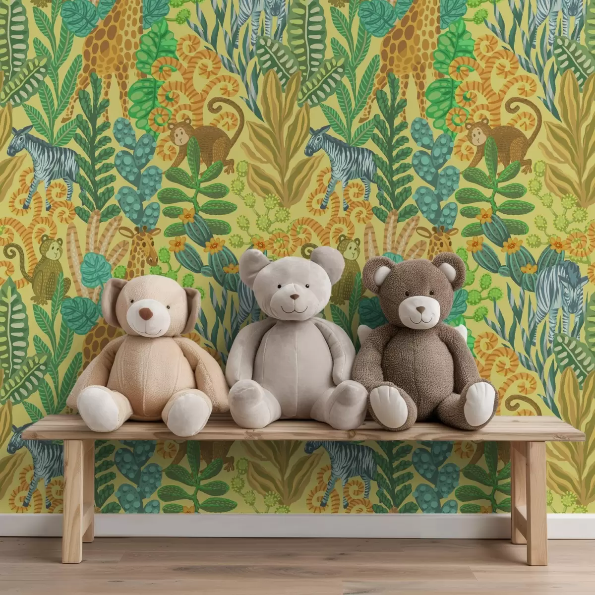 Behang Giraffe, zebra en aap in een felgele savanne a01000v1