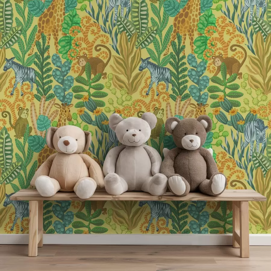 Fotobehang Giraffe, zebra en aap in een felgele savanne a01000v1