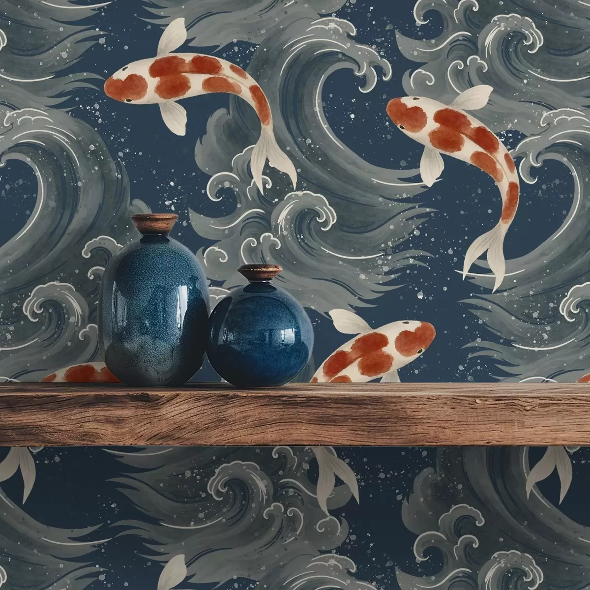 Behang Koi-vissen zwemmen tussen dramatische oceaangolven a01019