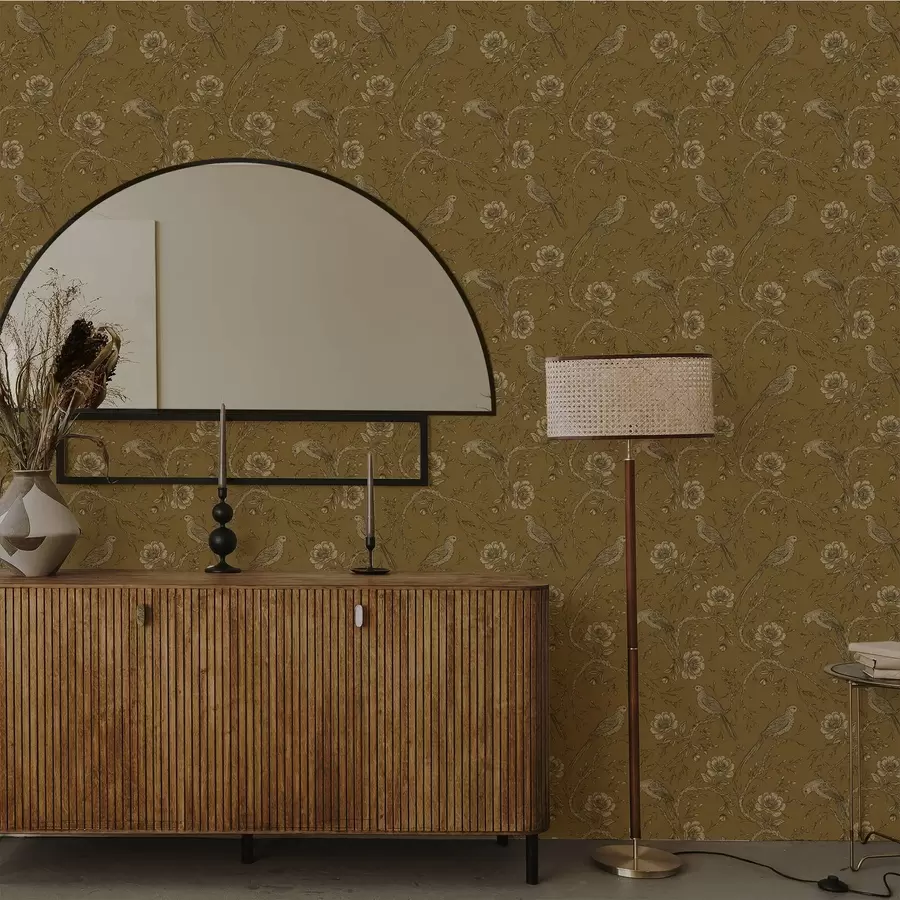 Fotobehang Vintage vogels en bloemen op een warme olijfgroene achtergrond a01022v1