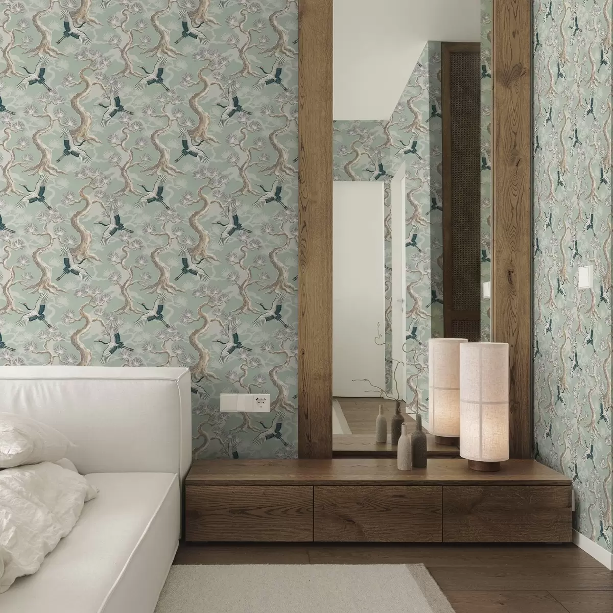 Behang Kranen tussen gebogen takken op een zachte saliekleurige achtergrond a01023