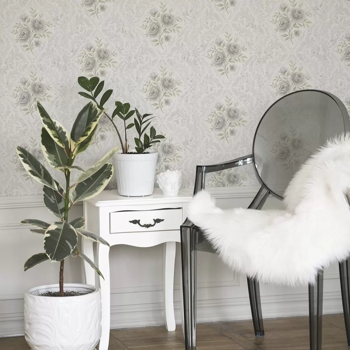 Behang Licht damastpatroon met grijze rozen in zachte ruitjes a01024