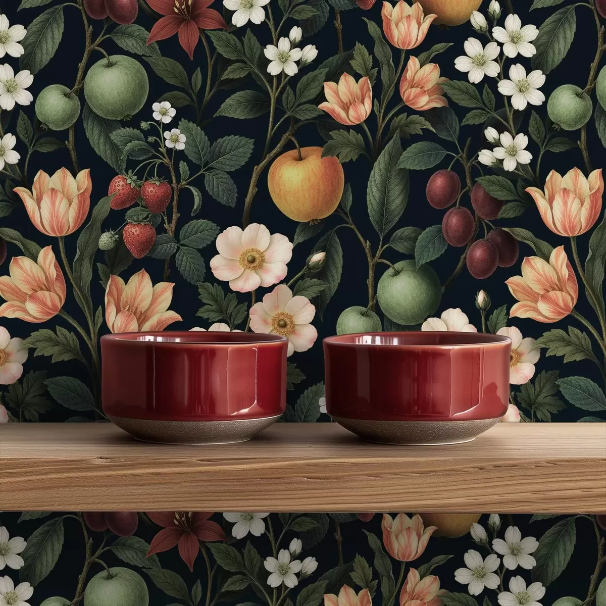 Behang Donkere tuin met bloemen, rijpe appels en bessen a01034