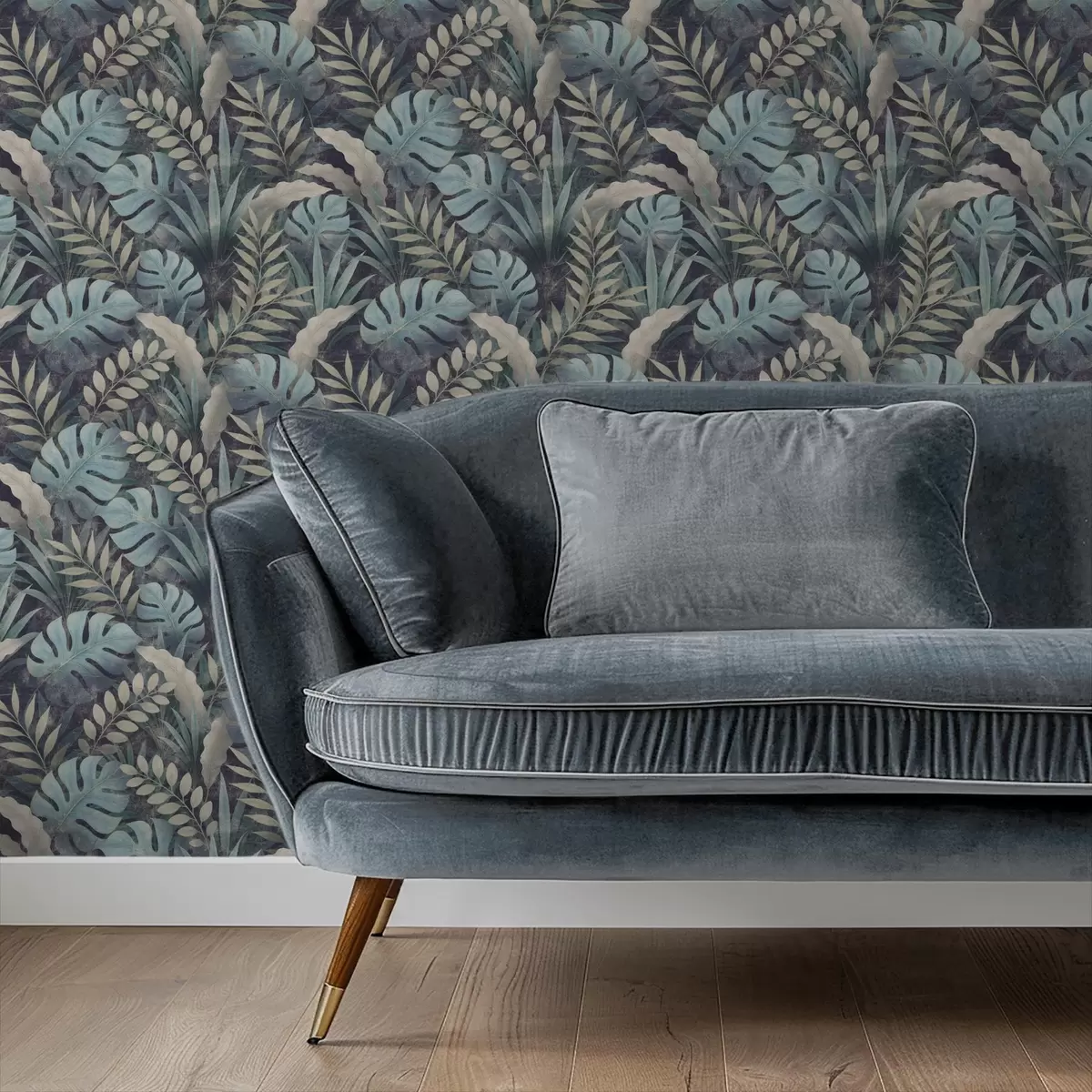 Behang Tropisch gebladerte in koele blauwgroene tinten a01035