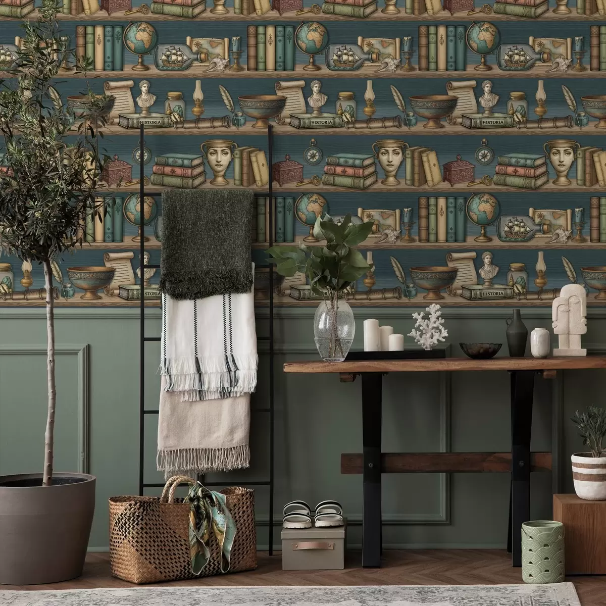 Behang Vintage planken met boeken, een wereldbol en zee-curiosa a01036