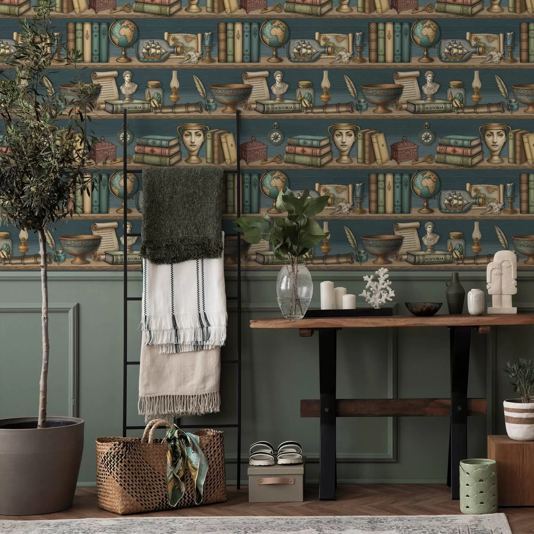 Fotobehang Vintage planken met boeken, een wereldbol en zee-curiosa a01036