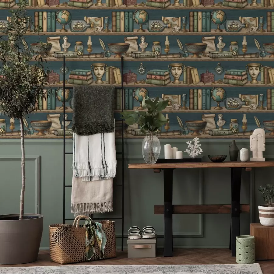 Fotobehang Vintage planken met boeken, een wereldbol en zee-curiosa a01036