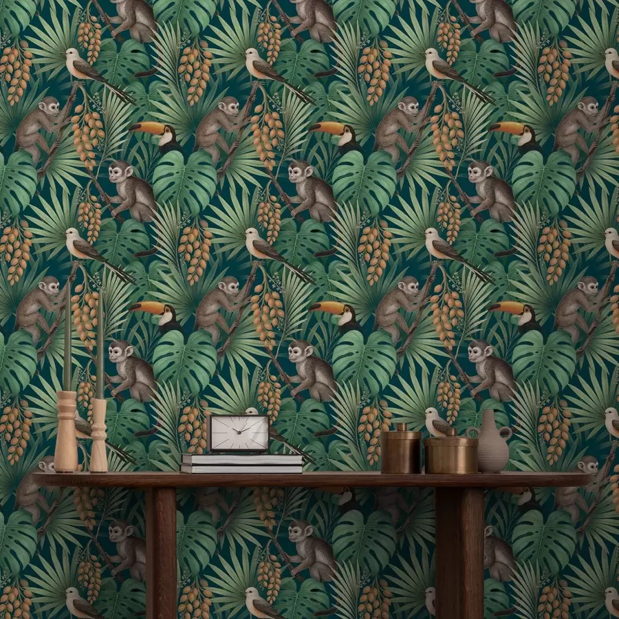 Fotobehang Apen en tropische vogels in dichtbegroeid junglebladerdak a01037