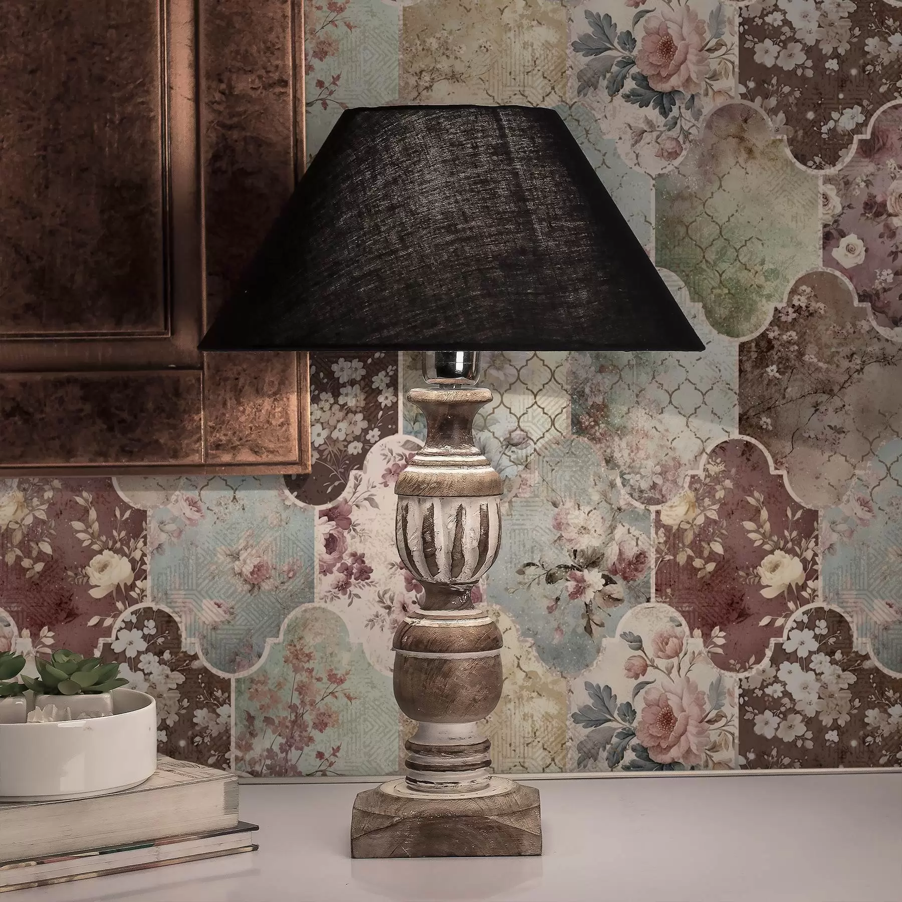 Fotobehang Patchwork van bloemenpanelen en versleten tegels met patronen a01038