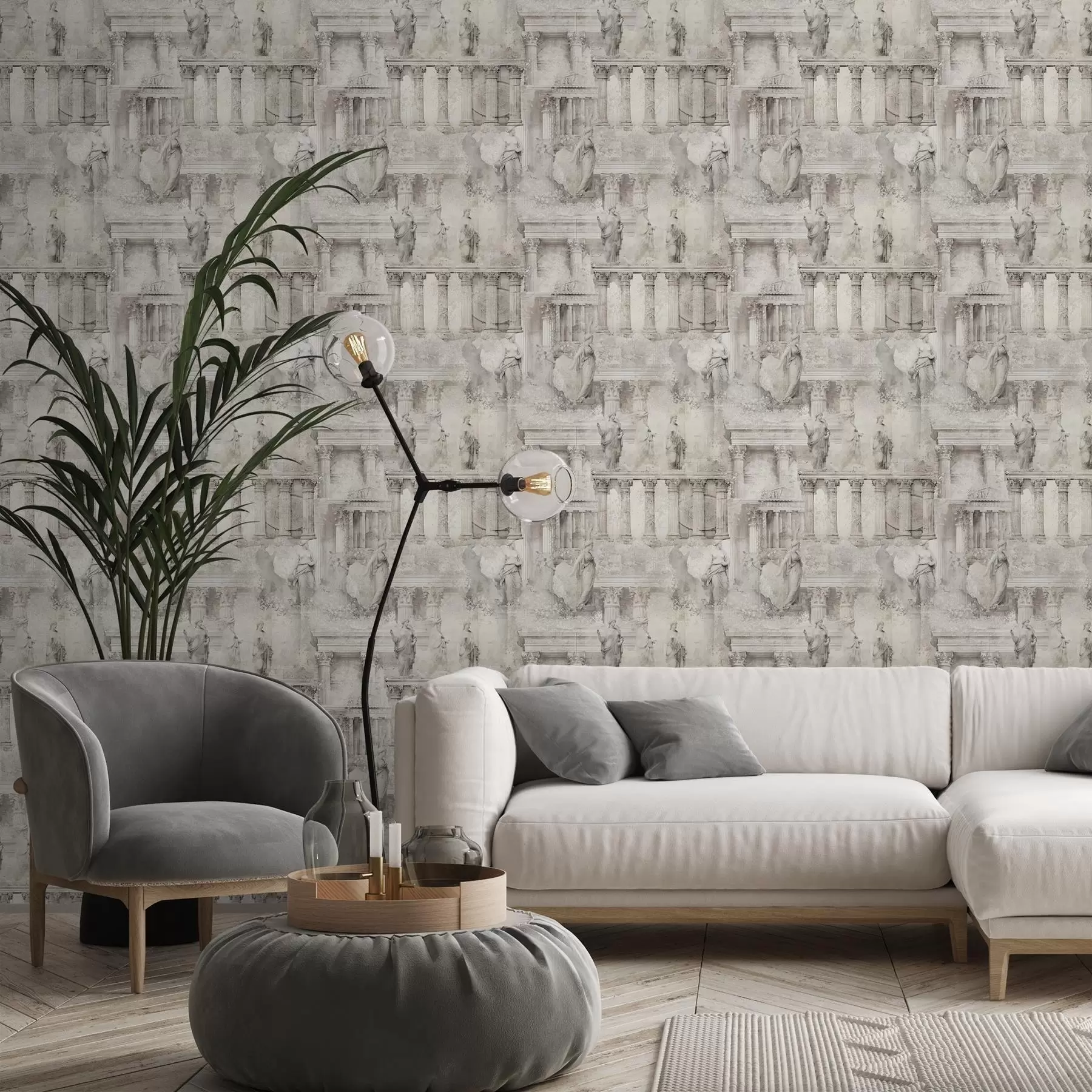 Fotobehang Antieke beelden en zuilen in zachte beige-grijze tinten a01041