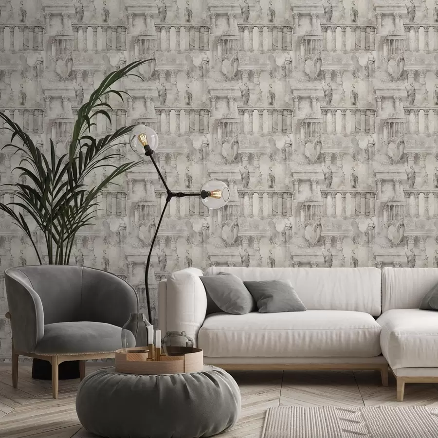 Fotobehang Antieke beelden en zuilen in zachte beige-grijze tinten a01041