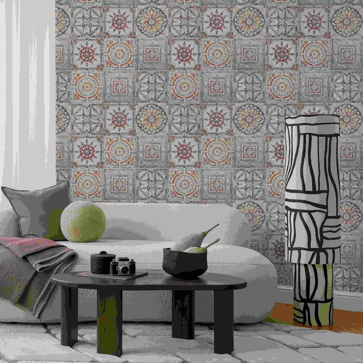 Behang Oude stenen mozaïekmedaillons met versleten details a01042