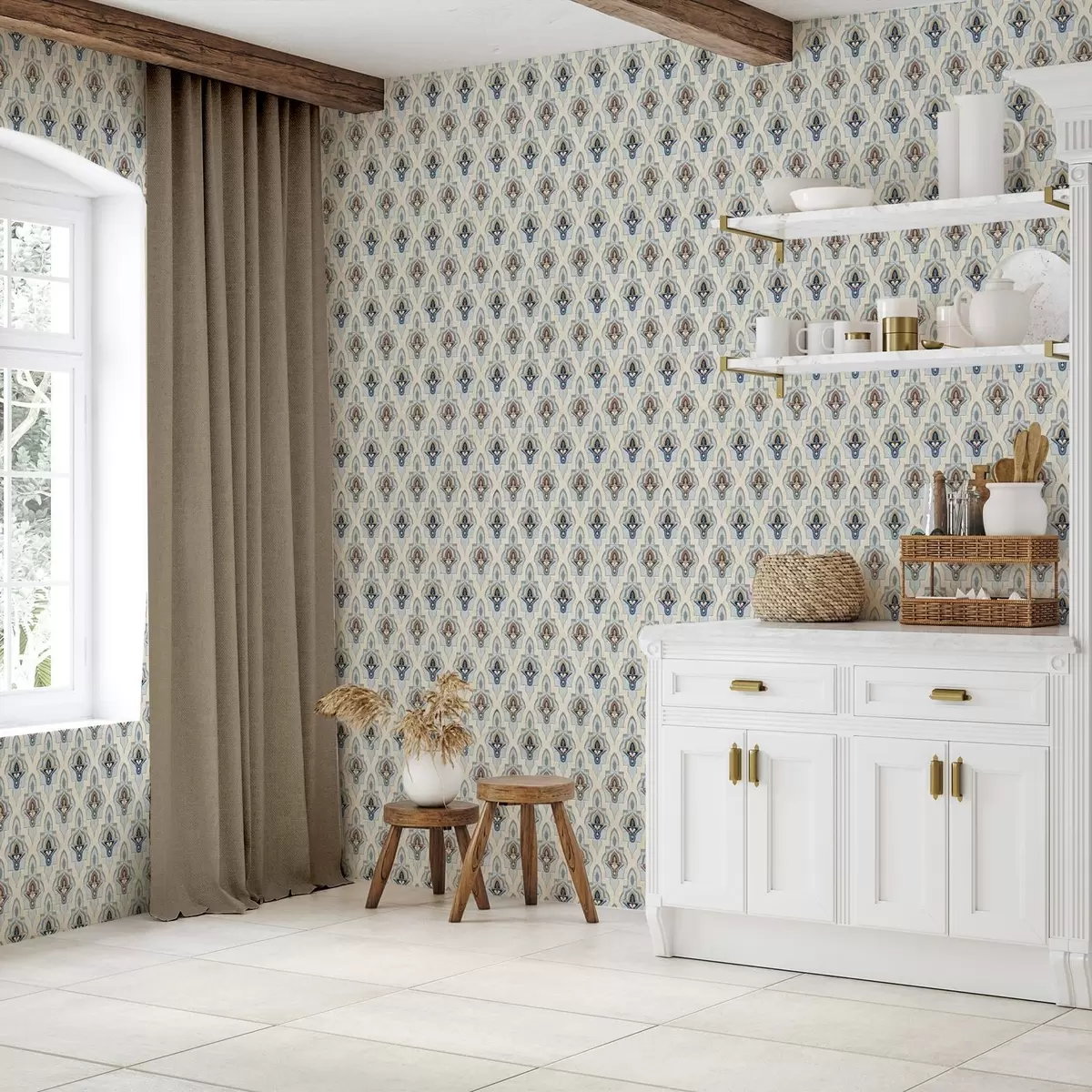 Behang Oosters patroon van kleine tegels in een blauw-zandkleurig palet a01044