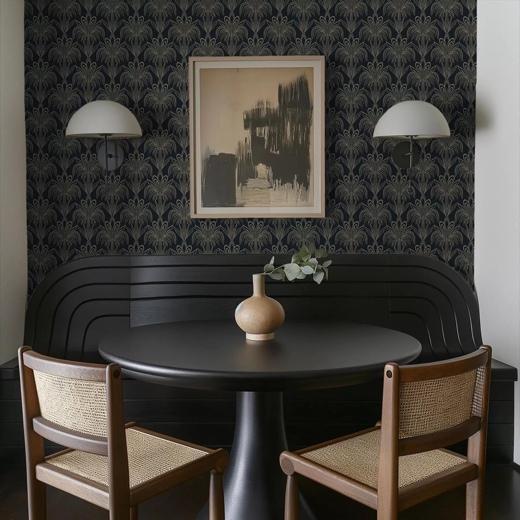 Fotobehang Donker Art Deco-ornament met gestileerde planten a01065