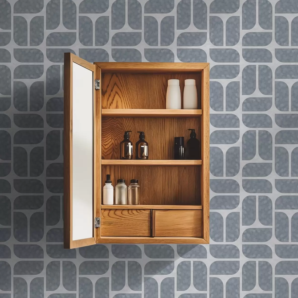 Behang Grijs mozaïek met afwisselend ronde en rechthoekige vormen a01069