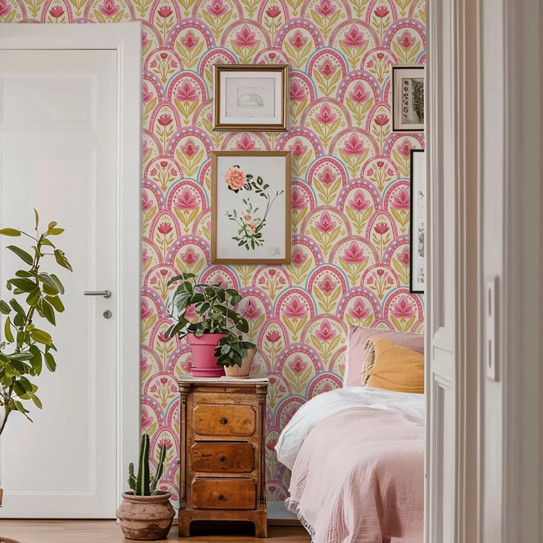 Fotobehang Bogen met roze bloemen in een volksstijlpatroon a01080