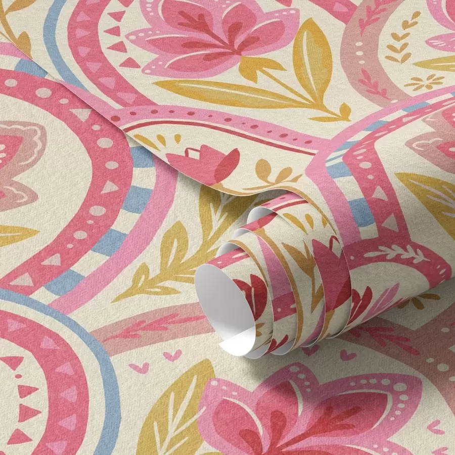 Fotobehang Bogen met roze bloemen in een volksstijlpatroon a01080