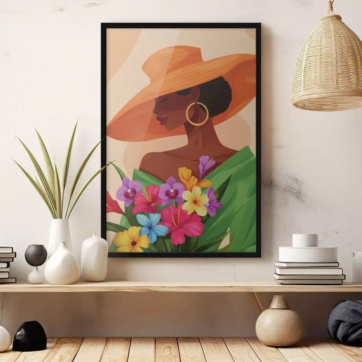 Poster Meisje met hoed en bloemen f46843