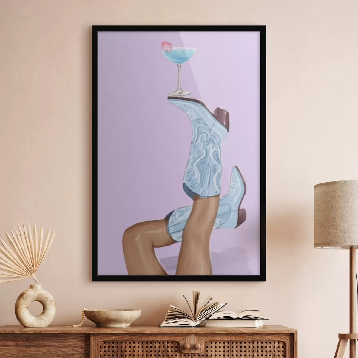 Poster Blauwe laarzen met een glas f46845