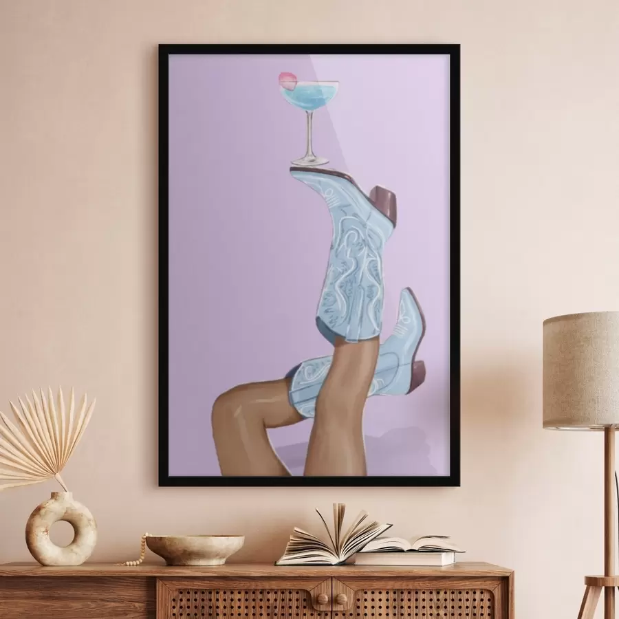 Fotobehang Blauwe laarzen met een glas f46845