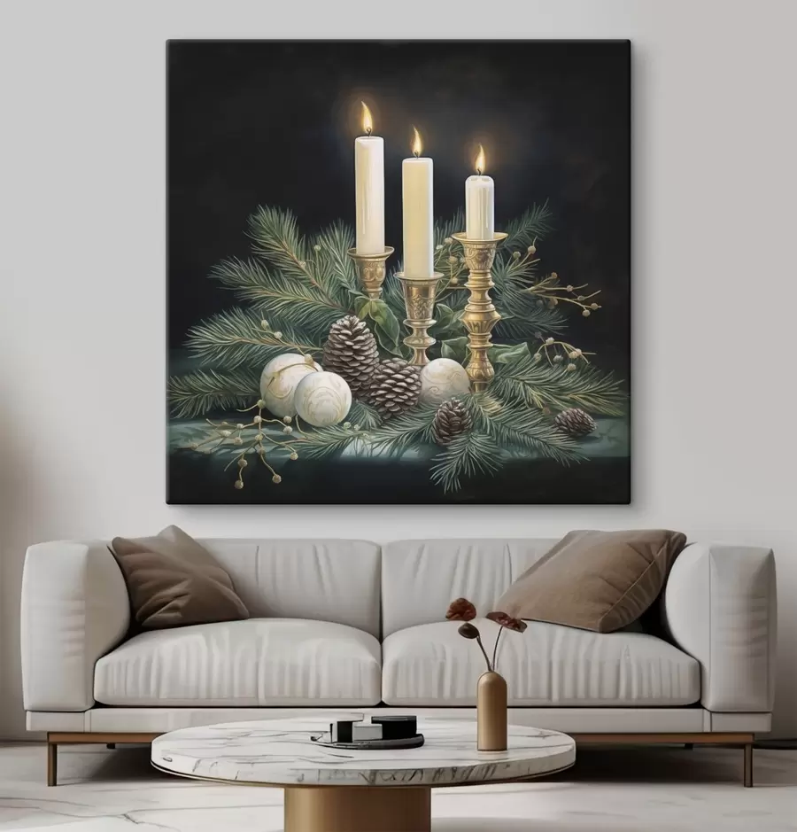  Schilderijen Nieuwjaarsarrangement, dennenboom en kaarsen s46963