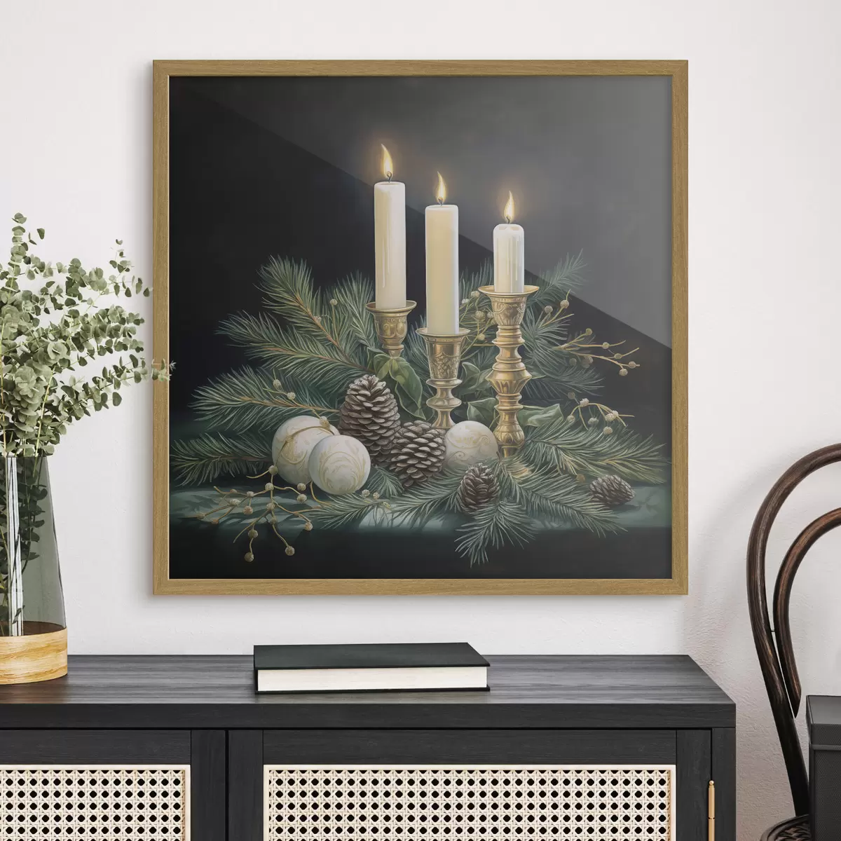 Poster Nieuwjaarsarrangement, dennenboom en kaarsen f46963