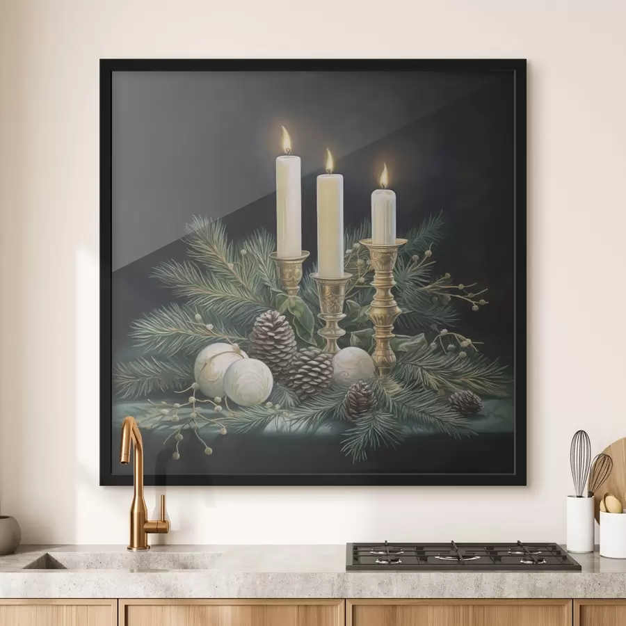 Fotobehang Nieuwjaarsarrangement, dennenboom en kaarsen f46963