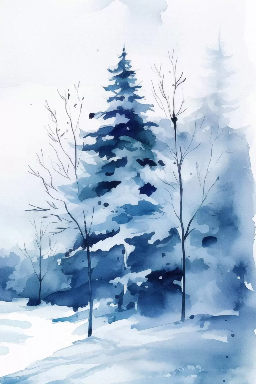 Fotobehang Dennenboom in een winterbos, imitatie-aquarel f46964