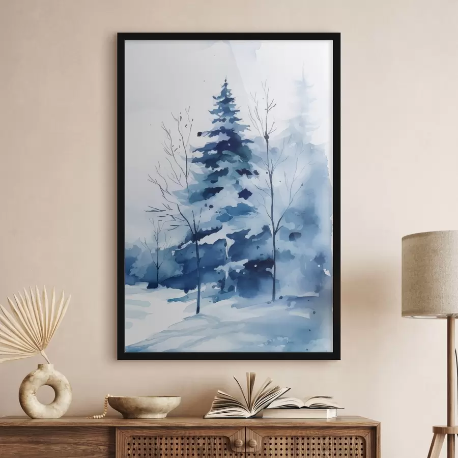 Fotobehang Dennenboom in een winterbos, imitatie-aquarel f46964