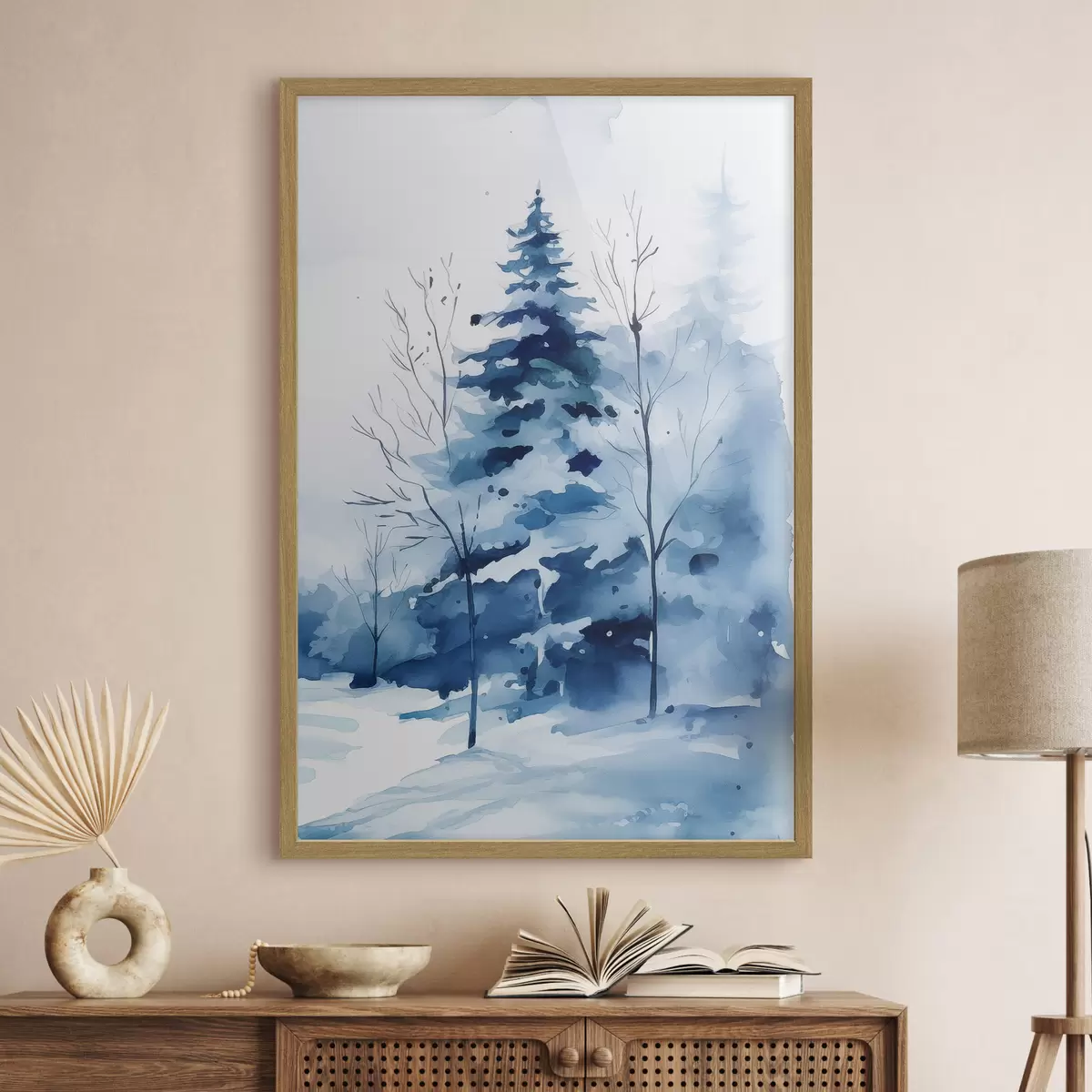 Poster Dennenboom in een winterbos, imitatie-aquarel f46964