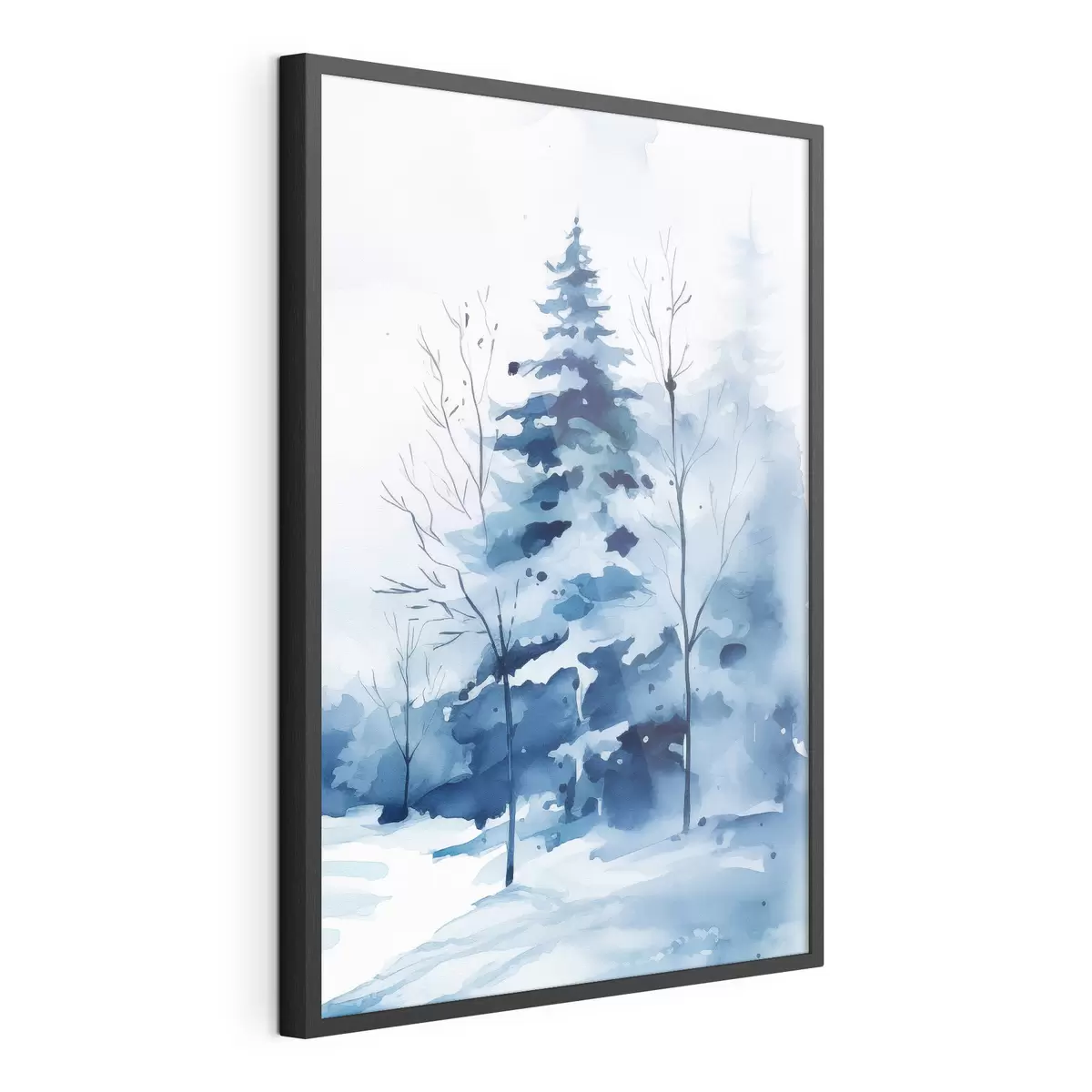 Poster Dennenboom in een winterbos, imitatie-aquarel f46964