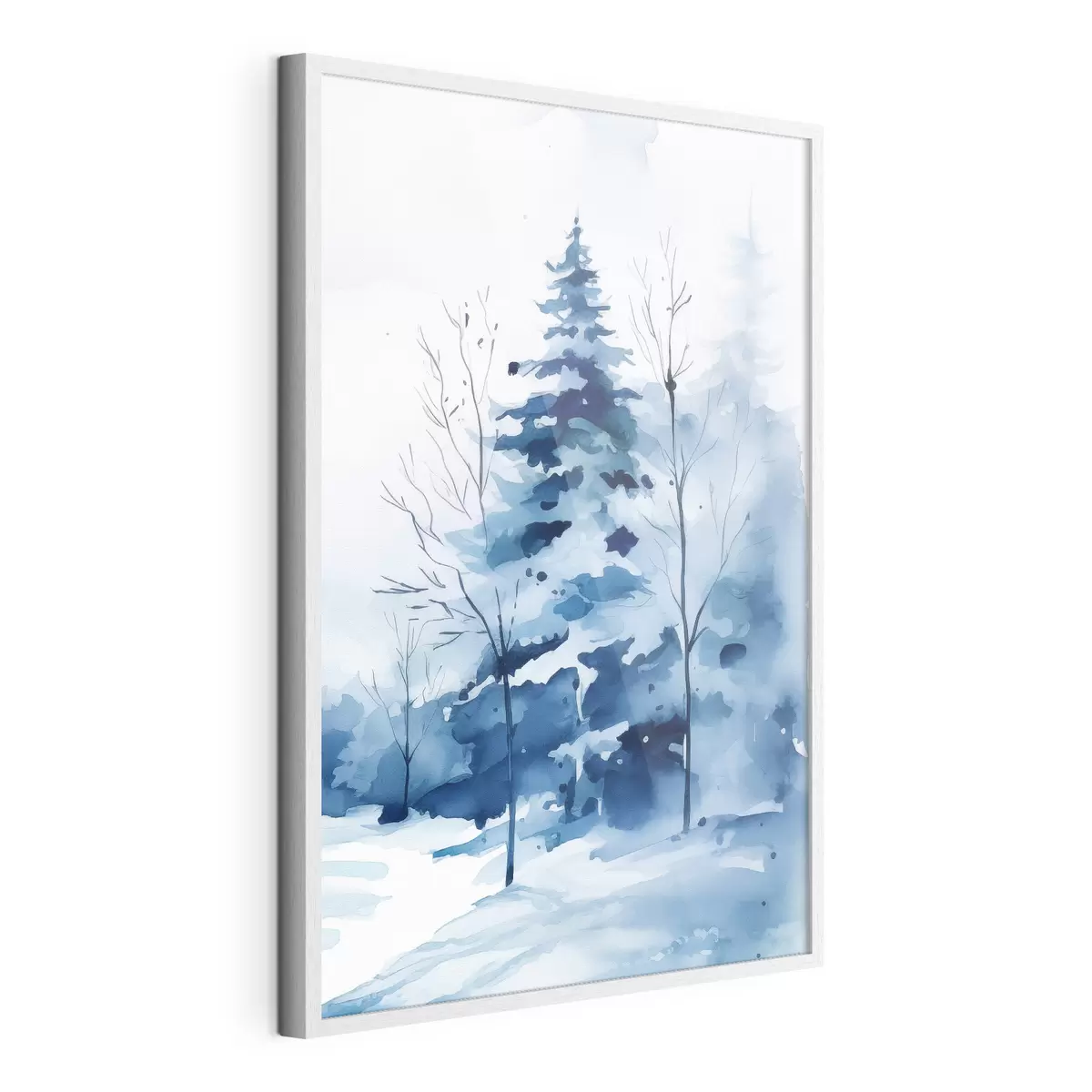 Poster Dennenboom in een winterbos, imitatie-aquarel f46964