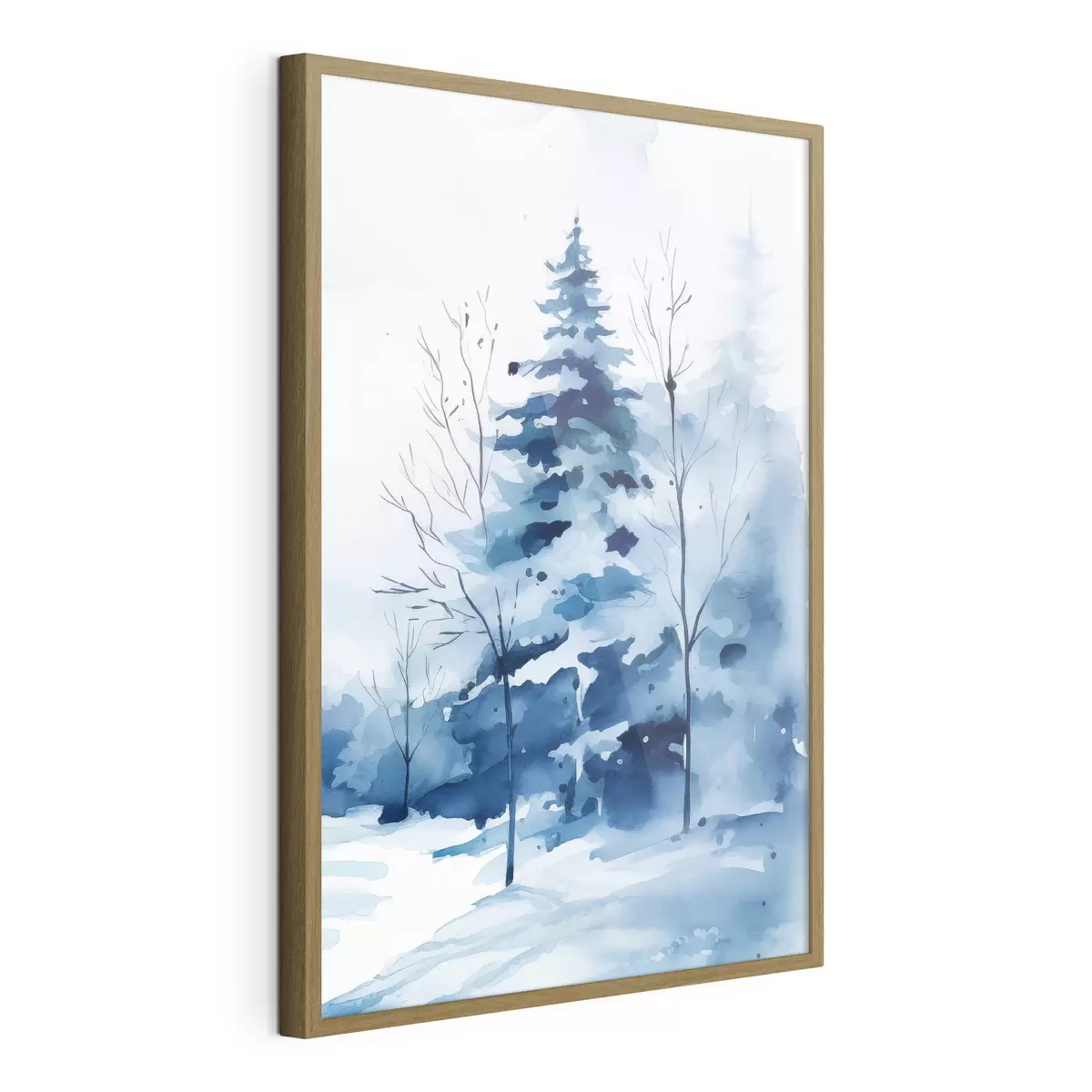 Poster Dennenboom in een winterbos, imitatie-aquarel f46964