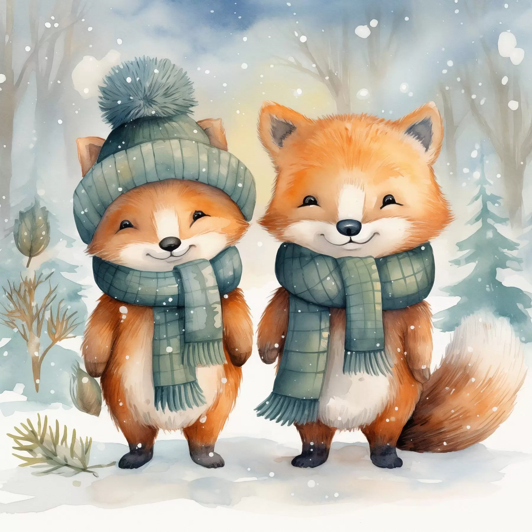 Fotobehang Twee kleine vossen, imitatie aquarel f46969