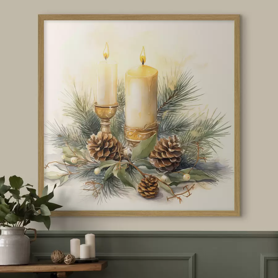 Fotobehang Arrangement, Nieuwjaar, Dennenboom en kaarsen f46971