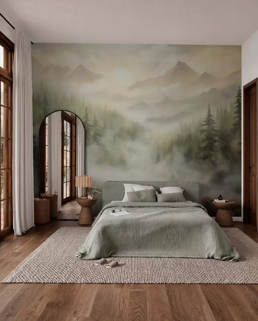 Fotobehang Bos in de mist tegen de achtergrond van bergen w04730