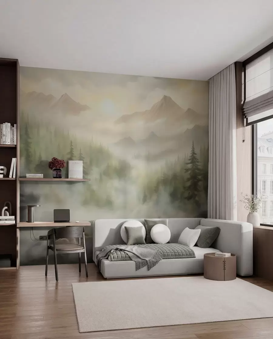 Fotobehang Bos in de mist tegen de achtergrond van bergen w04730