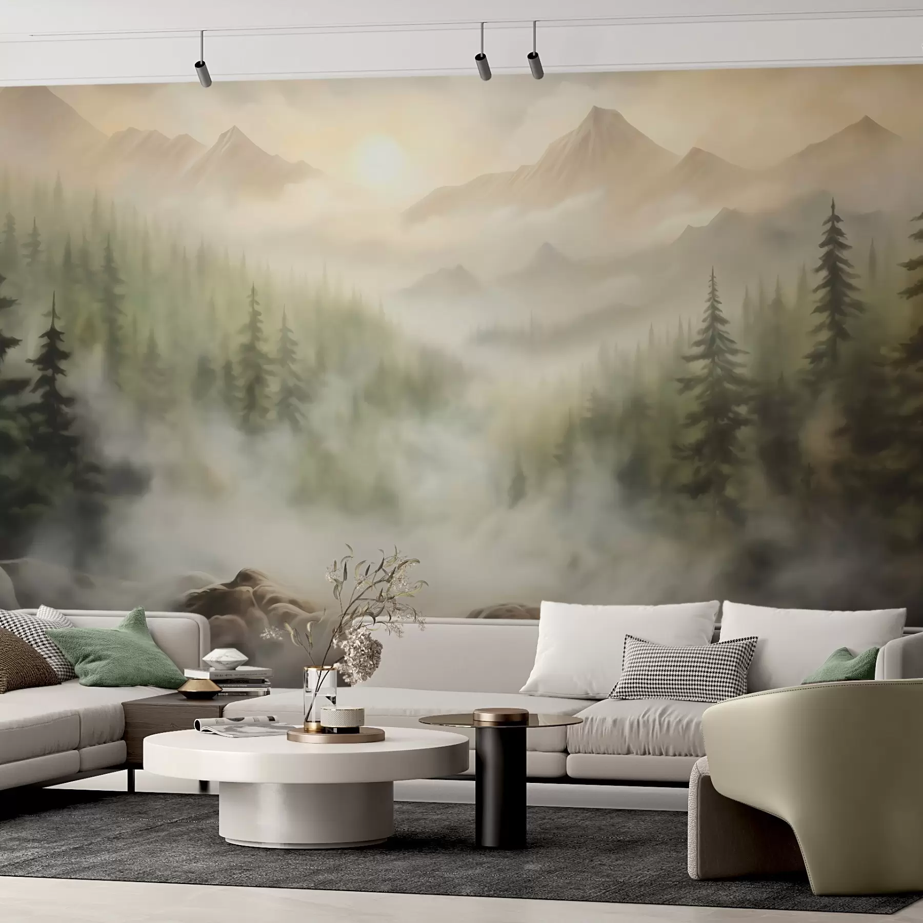 Fotobehang Bos in de mist tegen de achtergrond van bergen w04730