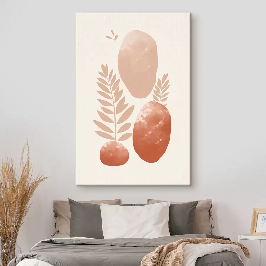  Schilderijen Abstracte vormen, gestructureerde stenen en bladeren in gedempte perzik- en terracottatinten, minimalistisch, crèmekleurige achtergrond s47012